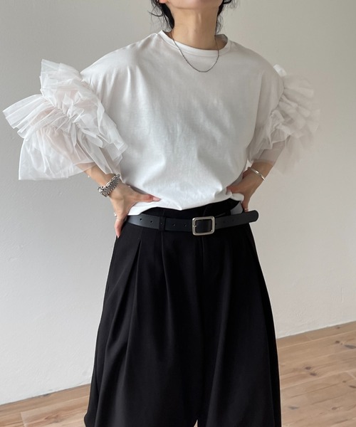wee9s(ウィークス)の「cheer frill tee / ドッキングチュールチアーフリルティー(Tシャツ/カットソー・レディース・ブラック/アイボリー/レッド/ベビーピンク・SHORT/FREE)」の10枚目の写真