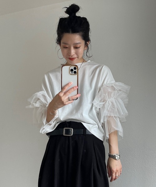 wee9s(ウィークス)の「cheer frill tee / ドッキングチュールチアーフリルティー(Tシャツ/カットソー・レディース・ブラック/アイボリー/レッド/ベビーピンク・SHORT/FREE)」の12枚目の写真