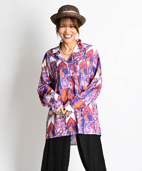 MARAI(マーライ)の「トライバル柄 長袖総柄シャツ オーバーサイズ(シャツ/ブラウス・レディース・パープル・SMALL/LARGE)」の14枚目の写真