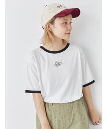 ehka sopo | 花刺繍リンガーTシャツ(Tシャツ/カットソー)