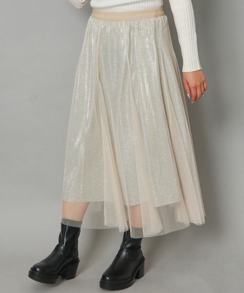 GORGE(ゴージ)の「《ふんわり揺れる×上品きらめき》レディース チュールスカート ミモレ丈 オールシーズン(スカート・レディース・アイボリー/グレー・F)」の1枚目の写真