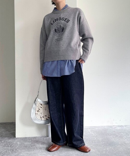 fredy emue（フレディエミュ）の「カレッジロゴニットプルオーバー（ニット/セーター・レディース・オフホワイト/ネイビー/ライトグレー・38）」の14枚目の写真