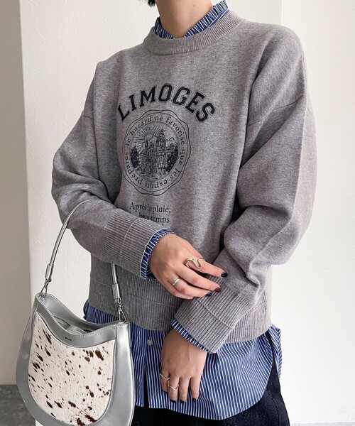 fredy emue（フレディエミュ）の「カレッジロゴニットプルオーバー（ニット/セーター・レディース・オフホワイト/ネイビー/ライトグレー・38）」の6枚目の写真