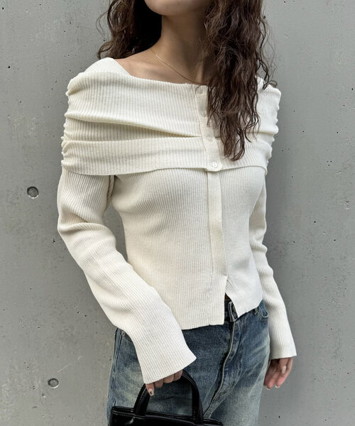 mline（エムライン）の「[mline]オフショルデザインリブニット（ニット/セーター・レディース・アイボリー/バーガンディー/ベージュ/チャコールグレー・FREE）」の6枚目の写真