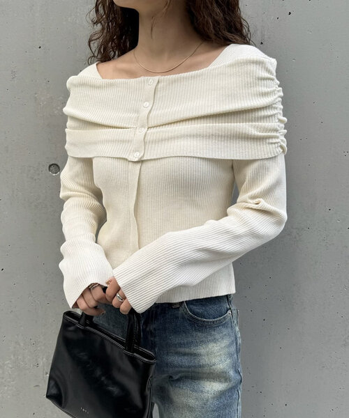 mline（エムライン）の「[mline]オフショルデザインリブニット（ニット/セーター・レディース・アイボリー/バーガンディー/ベージュ/チャコールグレー・FREE）」の7枚目の写真
