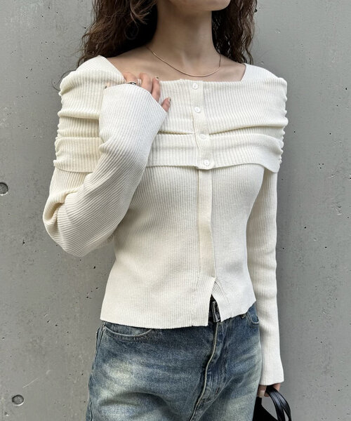 mline（エムライン）の「[mline]オフショルデザインリブニット（ニット/セーター・レディース・アイボリー/バーガンディー/ベージュ/チャコールグレー・FREE）」の8枚目の写真