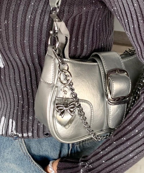 セール】シルバーリボンハートモチーフチャーム（キーホルダー）｜non