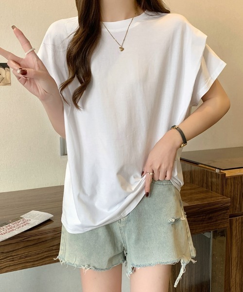 SEU(エスイーユー)の「レディース タックスリーブTシャツ コンパクトシルエット ベーシック 韓国風(Tシャツ/カットソー・レディース・ホワイト/ブラウン/ブラック/グレー・フリー)」の1枚目の写真