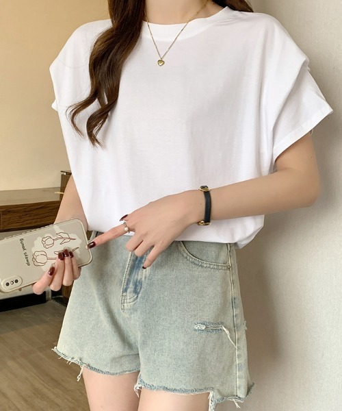 SEU(エスイーユー)の「レディース タックスリーブTシャツ コンパクトシルエット ベーシック 韓国風(Tシャツ/カットソー・レディース・ホワイト/ブラウン/ブラック/グレー・フリー)」の11枚目の写真