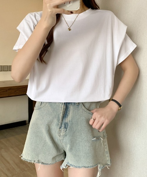 SEU(エスイーユー)の「レディース タックスリーブTシャツ コンパクトシルエット ベーシック 韓国風(Tシャツ/カットソー・レディース・ホワイト/ブラウン/ブラック/グレー・フリー)」の14枚目の写真