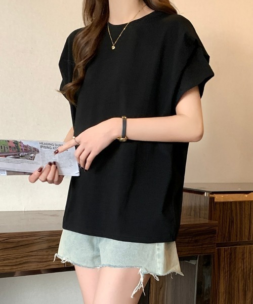 SEU(エスイーユー)の「レディース タックスリーブTシャツ コンパクトシルエット ベーシック 韓国風(Tシャツ/カットソー・レディース・ホワイト/ブラウン/ブラック/グレー・フリー)」の21枚目の写真