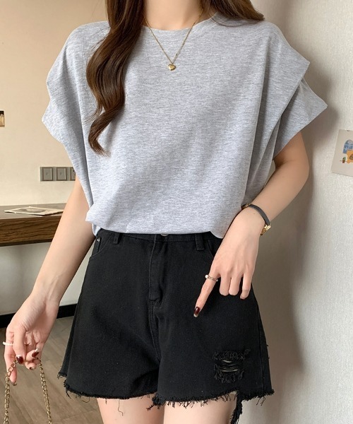 SEU(エスイーユー)の「レディース タックスリーブTシャツ コンパクトシルエット ベーシック 韓国風(Tシャツ/カットソー・レディース・ホワイト/ブラウン/ブラック/グレー・フリー)」の5枚目の写真