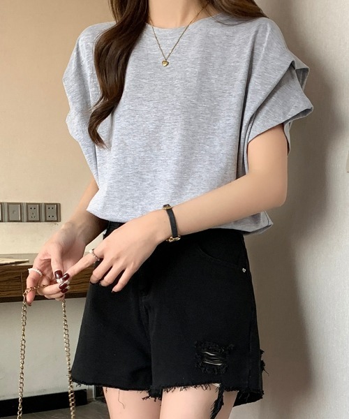 SEU(エスイーユー)の「レディース タックスリーブTシャツ コンパクトシルエット ベーシック 韓国風(Tシャツ/カットソー・レディース・ホワイト/ブラウン/ブラック/グレー・フリー)」の6枚目の写真