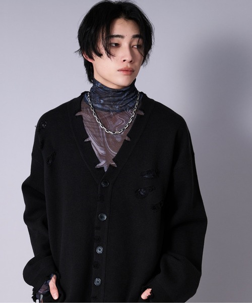 Ellno Loset(エルノロゼット)の「ルーズダメージカーディガン(カーディガン/ボレロ・メンズ・ブラック/アイボリー・SMALL/LARGE/MEDIUM)」の2枚目の写真