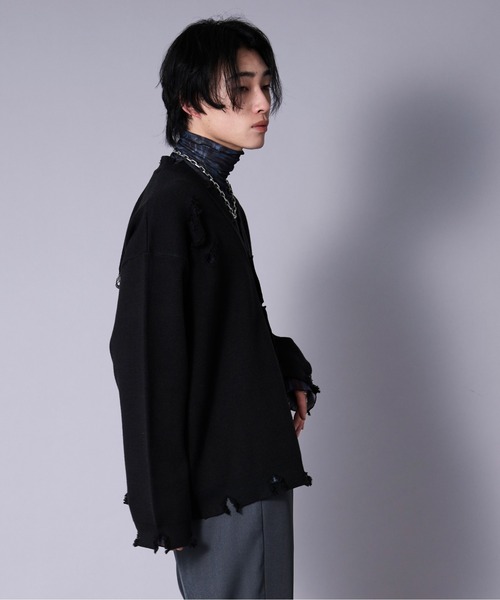 Ellno Loset(エルノロゼット)の「ルーズダメージカーディガン(カーディガン/ボレロ・メンズ・ブラック/アイボリー・SMALL/LARGE/MEDIUM)」の6枚目の写真