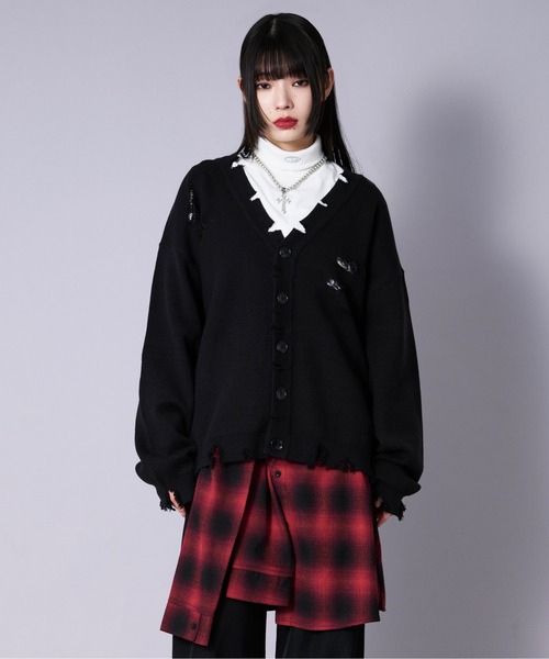 Ellno Loset(エルノロゼット)の「ルーズダメージカーディガン(カーディガン/ボレロ・メンズ・ブラック/アイボリー・SMALL/LARGE/MEDIUM)」の9枚目の写真