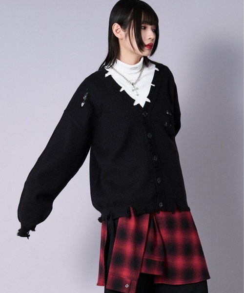 Ellno Loset(エルノロゼット)の「ルーズダメージカーディガン(カーディガン/ボレロ・メンズ・ブラック/アイボリー・SMALL/LARGE/MEDIUM)」の11枚目の写真