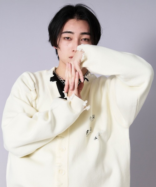Ellno Loset(エルノロゼット)の「ルーズダメージカーディガン(カーディガン/ボレロ・メンズ・ブラック/アイボリー・SMALL/LARGE/MEDIUM)」の22枚目の写真