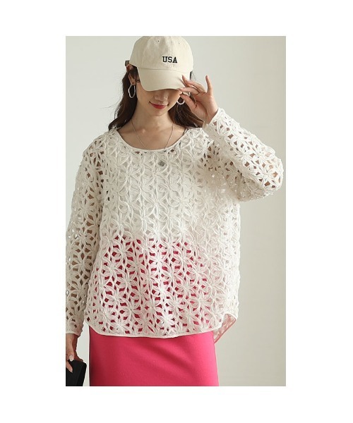 Sawa a la mode（サワアラモード）の「3Dフラワーレースプルオーバートップス（Tシャツ/カットソー・レディース・ホワイト/ブラック・FREE）」の6枚目の写真