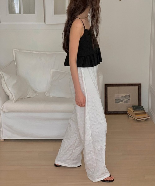 HEILIS(ヘイリス)の「【HIT ITEM!】【新色追加】フラワージャガードイージーパンツ/リラックスパンツ レディース 花柄 韓国 ブラック ホワイト アイボリー ガーリー カジュアル 春服 夏服(その他パンツ・レディース・アイボリー/オフホワイト/ブラック・FREE)」の7枚目の写真