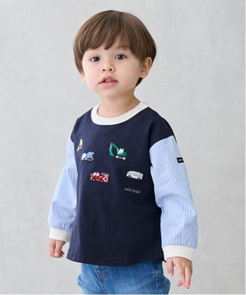 petit main(プティマイン)の「働く車袖布帛Tシャツ(Tシャツ/カットソー・キッズ・ネイビー/アイボリー・110cm/100cm/90cm/80cm/120cm/130cm)」の2枚目の写真