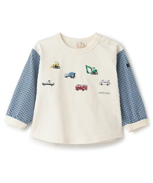 petit main(プティマイン)の「働く車袖布帛Tシャツ(Tシャツ/カットソー・キッズ・ネイビー/アイボリー・110cm/100cm/90cm/80cm/120cm/130cm)」の1枚目の写真