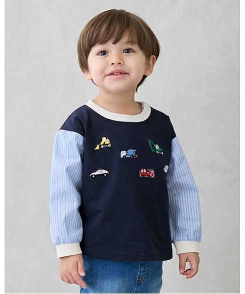 petit main(プティマイン)の「働く車袖布帛Tシャツ(Tシャツ/カットソー・キッズ・ネイビー/アイボリー・110cm/100cm/90cm/80cm/120cm/130cm)」の3枚目の写真