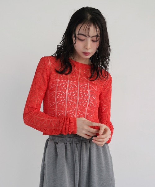 LIAN(リアン)の「クロップドメッシュニット(Tシャツ/カットソー・レディース・レッド/アイボリー/ブラック/グレー・FREE)」の5枚目の写真