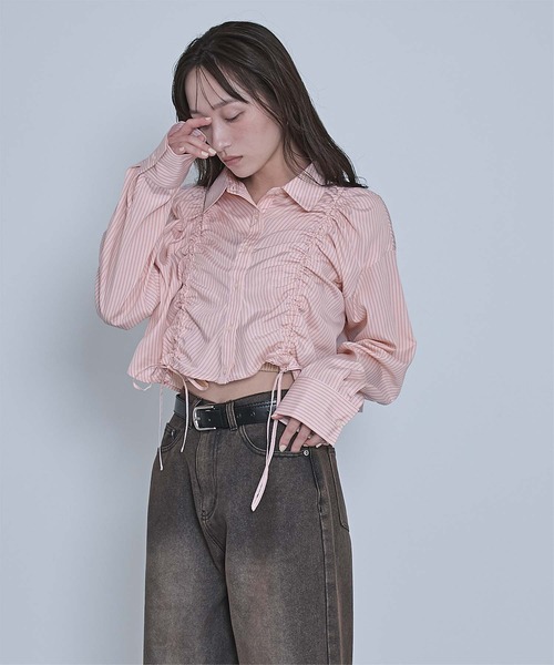 ブラウス シャツ シャーリングショートシャツ レディース セール】シャーリングショートシャツ（シャツ/ブラウス