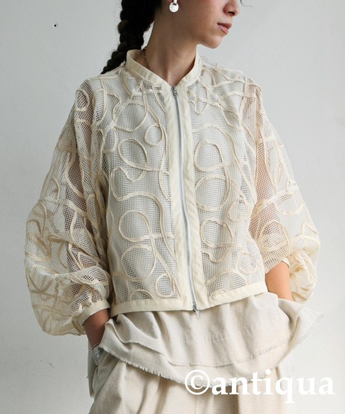 antiqua(アンティカ)の「コード刺繍メッシュブルゾン(ブルゾン・レディース・アイボリー/ブラック・ONESIZE)」の4枚目の写真