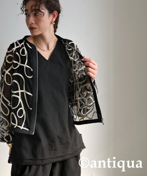 antiqua(アンティカ)の「コード刺繍メッシュブルゾン(ブルゾン・レディース・アイボリー/ブラック・ONESIZE)」の9枚目の写真