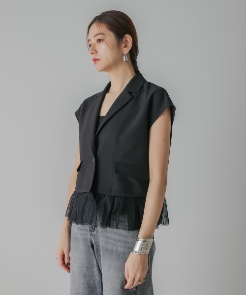 CIEL'AIR(シエルエアー)の「DOCKING SUMMER JACKET(テーラードジャケット・レディース・ベージュ/ブラック・FREE)」の9枚目の写真