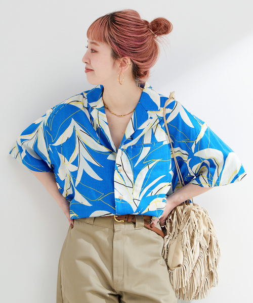 ◆boohoo◆オーバーサイズフローラルプリントリネン風シャツ 手洗い可 / アートプリントオープンカラークロップシャツ