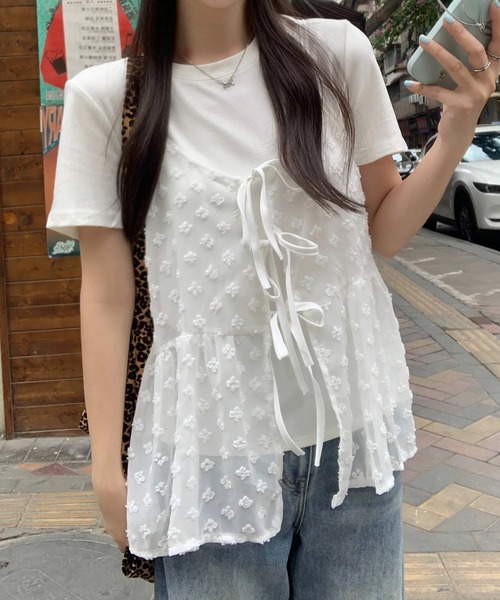 ビスチェ キャミ レース 花柄 リボン シースルー カップなし