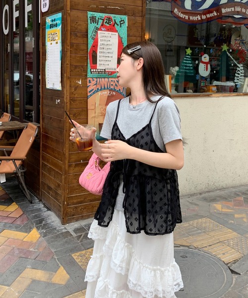 shopnikoniko（ショップニコニコ）の「ビスチェ キャミ レース 花柄 リボン シースルー カップなし キャミソール（キャミソール・レディース・ホワイト/ブラック・フリー）」の13枚目の写真