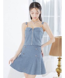 DAZZY（デイジー）の「フロントジップ デニムチェック ビジュー ノースリーブ Aラインミニセットアップ（ドレス）」