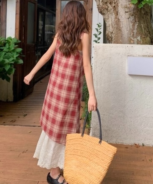 セール】レイヤード風チェック柄キャミワンピース（ワンピース