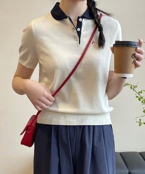 ポロシャツ ポロ 子犬刺繍入りポロシャツ襟 ショート ニットセーター「韓国ファッション」 レディース セール】子犬刺繍入りポロシャツ襟 ショート ニットセーター