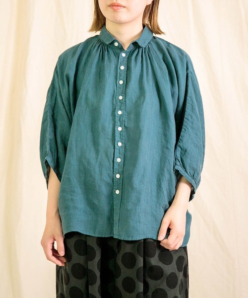 Brocante ブロカント　リネングランシャツ　リネン　グリーン　水玉 Brocante / ブロカント] リネンキャンバス グランシャツ