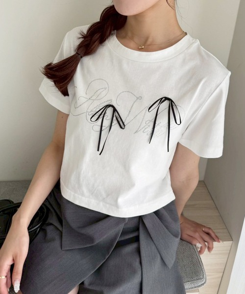 one after another NICE CLAUP(ワンアフターアナザーナイスクラップ)の「ビジューリボンアソートT(Tシャツ/カットソー・レディース・オフホワイト/ブラック/ピンク/ラベンダー・FREE)」の2枚目の写真