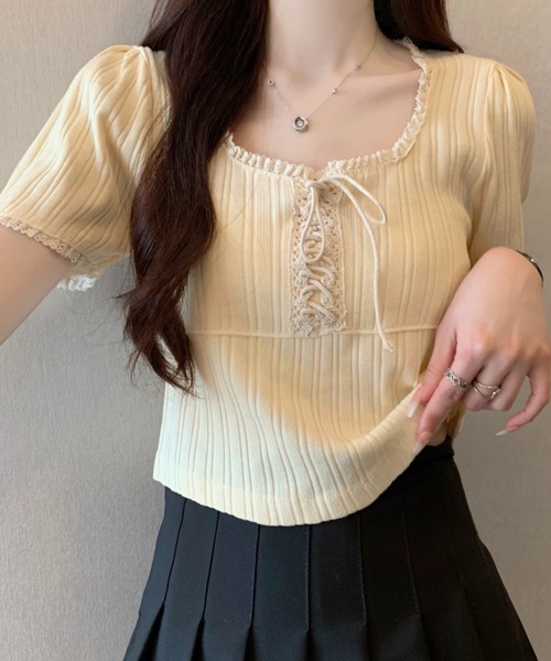 FUNdaysion(ファンデイション)の「レースパフスリーブ半袖トップス(Tシャツ/カットソー・レディース・ブラック/アイボリー・M)」の1枚目の写真