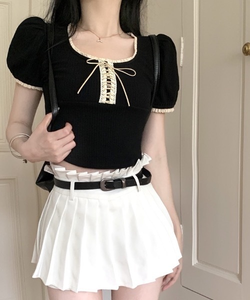 FUNdaysion(ファンデイション)の「レースパフスリーブ半袖トップス(Tシャツ/カットソー・レディース・ブラック/アイボリー・M)」の8枚目の写真