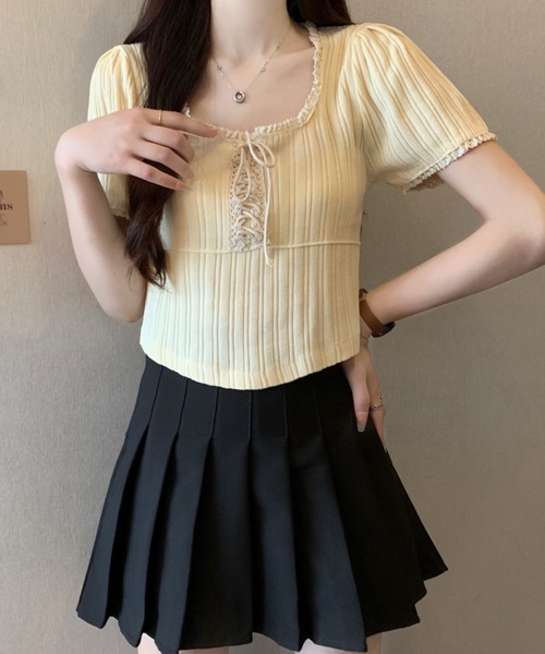 FUNdaysion(ファンデイション)の「レースパフスリーブ半袖トップス(Tシャツ/カットソー・レディース・ブラック/アイボリー・M)」の15枚目の写真