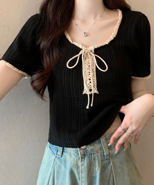 FUNdaysion(ファンデイション)の「レースパフスリーブ半袖トップス(Tシャツ/カットソー・レディース・ブラック/アイボリー・M)」の18枚目の写真