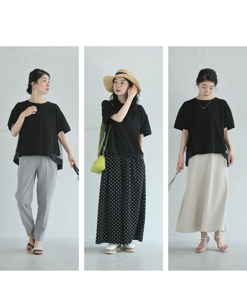 Sから2L対応  黒 後ろ下がりベールのTシャツトップス 黒）後ろ下がりベールのTシャツトップス（Tシャツ/カットソー