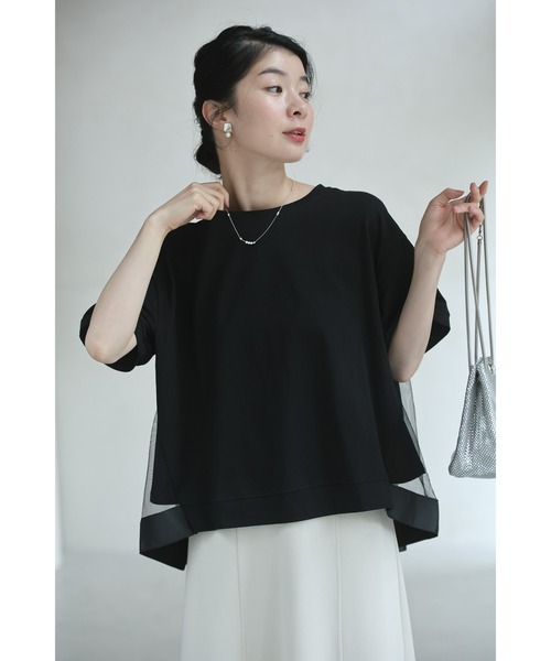 Sから2L対応  黒 後ろ下がりベールのTシャツトップス 黒）後ろ下がりベールのTシャツトップス（Tシャツ/カットソー