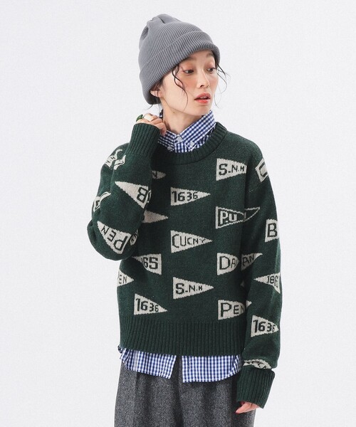 BEAMS BOY（ビームスボーイ）の「【1/15再値下げ】ペナント ニット プルオーバー（ニット/セーター・レディース・グリーン/ネイビー・ONE SIZE）」の2枚目の写真