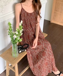 エスニックプリントプリーツ加工キャミワンピース