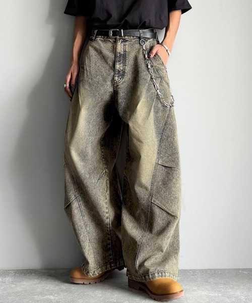 セール】3Dタック＆ダーツデザインバレルレッグワイドデニム／3D