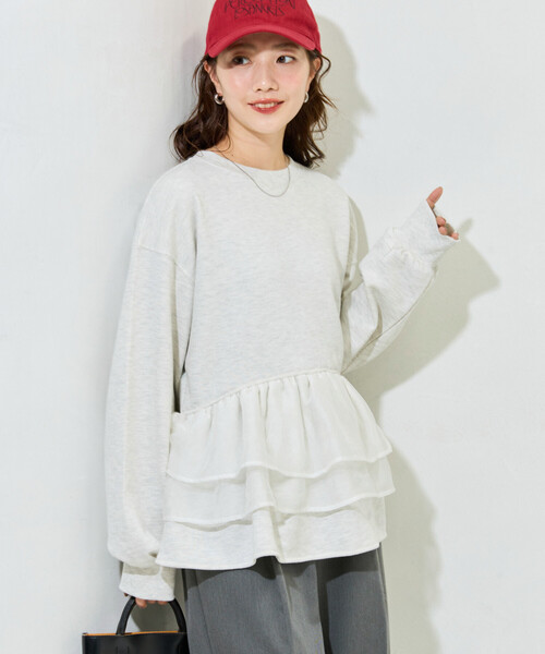 Fit more オーガンジーフリルレイヤードスウェット　グレー ZOZO限定商品】オーガンジーフリルレイヤードスウェット【宅配便